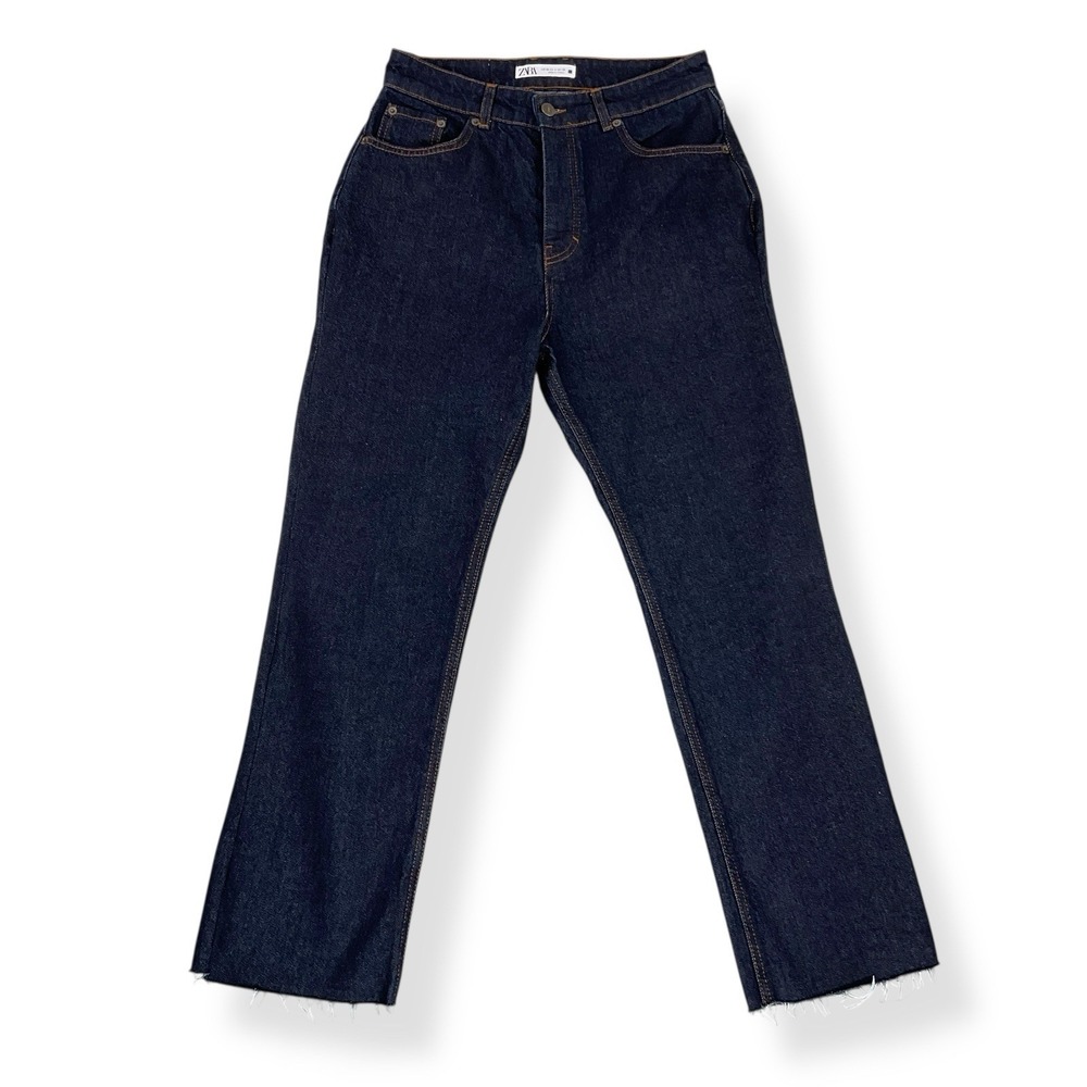 Zara Jeans Women Size 6 (28x27) Dark Blue Straight Leg Denim Raw Cuffs